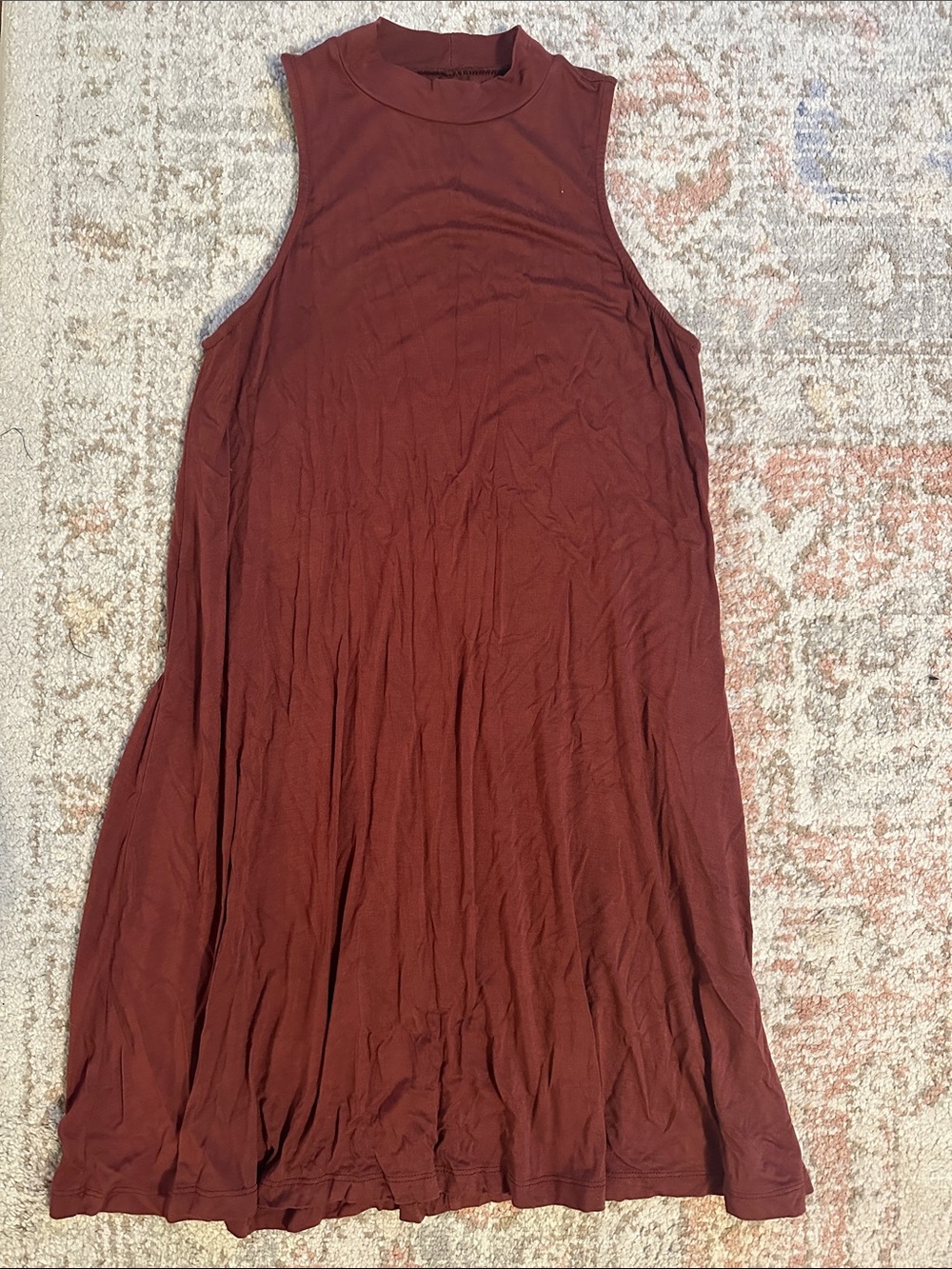 Sleeveless Mock Neck Swing Dress - Brownish-red